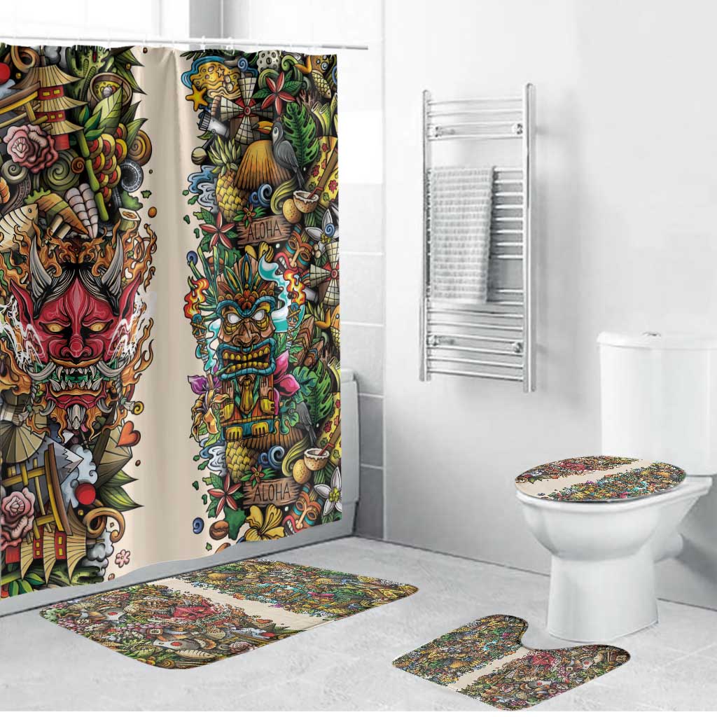 Hawaii And Japan Bathroom Set Tiki With Oni Mask - Polynesian Pride