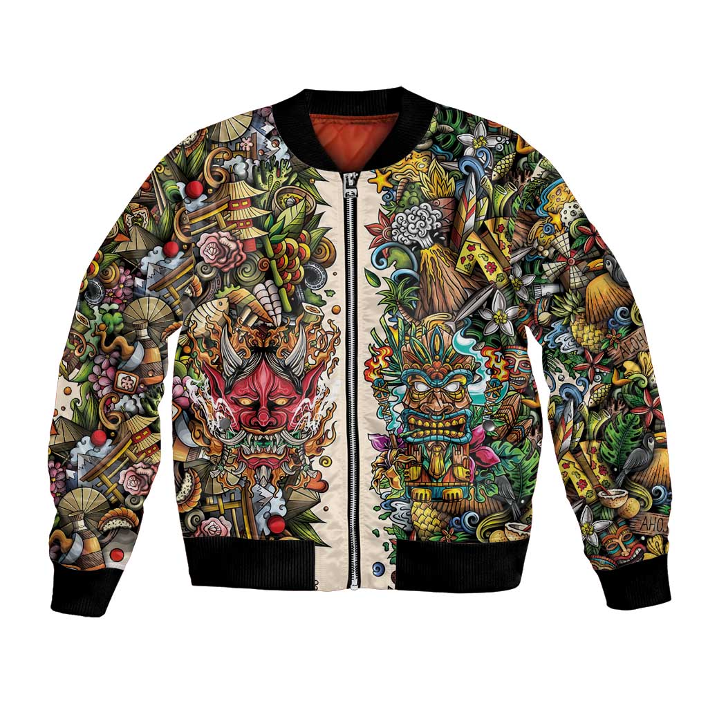 Hawaii And Japan Bomber Jacket Tiki With Oni Mask - Polynesian Pride