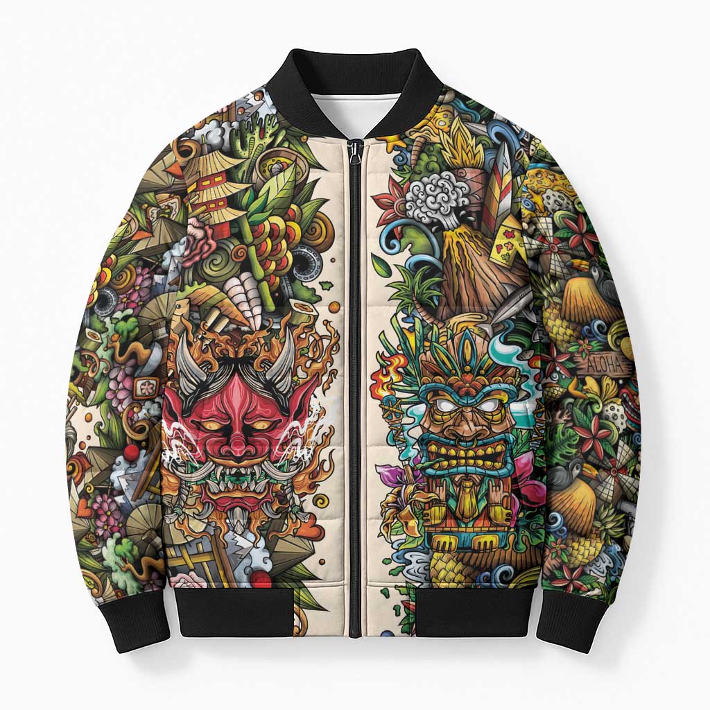 Hawaii And Japan Bomber Puffer Jacket Tiki With Oni Mask - Polynesian Pride