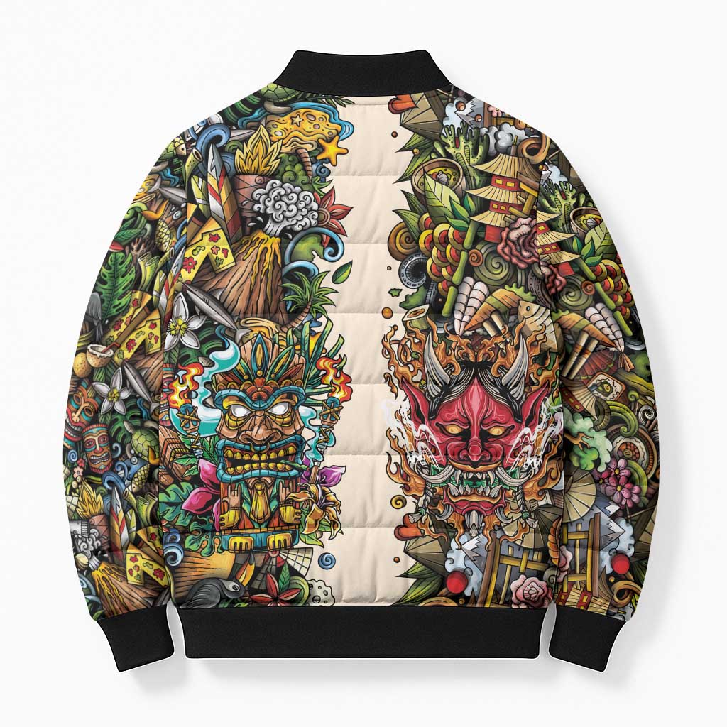 Hawaii And Japan Bomber Puffer Jacket Tiki With Oni Mask - Polynesian Pride