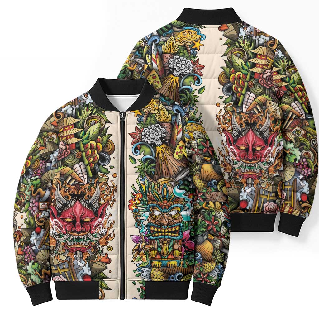 Hawaii And Japan Bomber Puffer Jacket Tiki With Oni Mask - Polynesian Pride