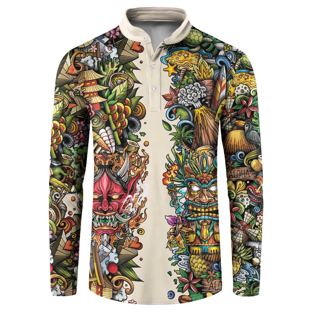 Hawaii And Japan Button Sweatshirt Tiki With Oni Mask - Polynesian Pride