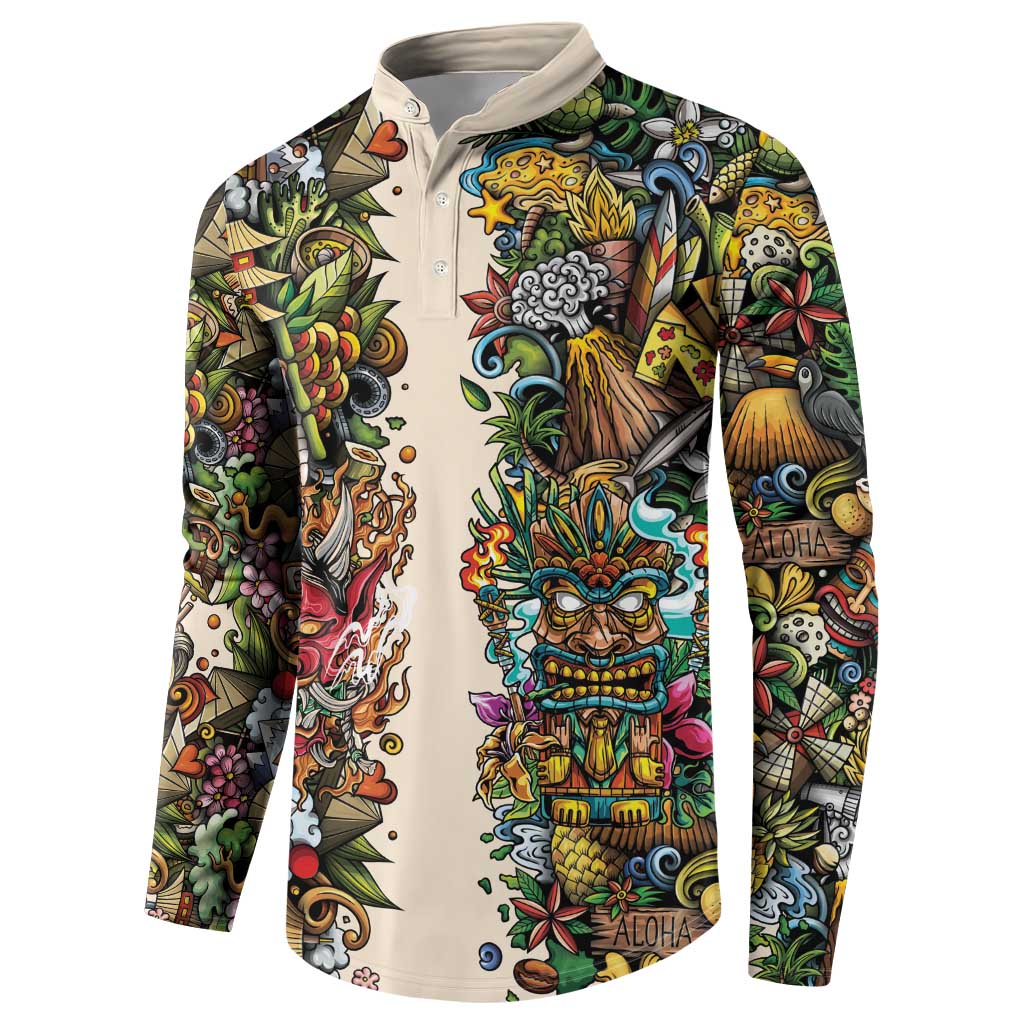 Hawaii And Japan Button Sweatshirt Tiki With Oni Mask - Polynesian Pride