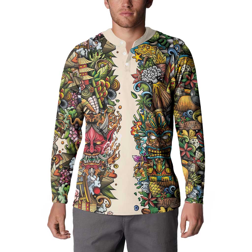 Hawaii And Japan Button Sweatshirt Tiki With Oni Mask - Polynesian Pride