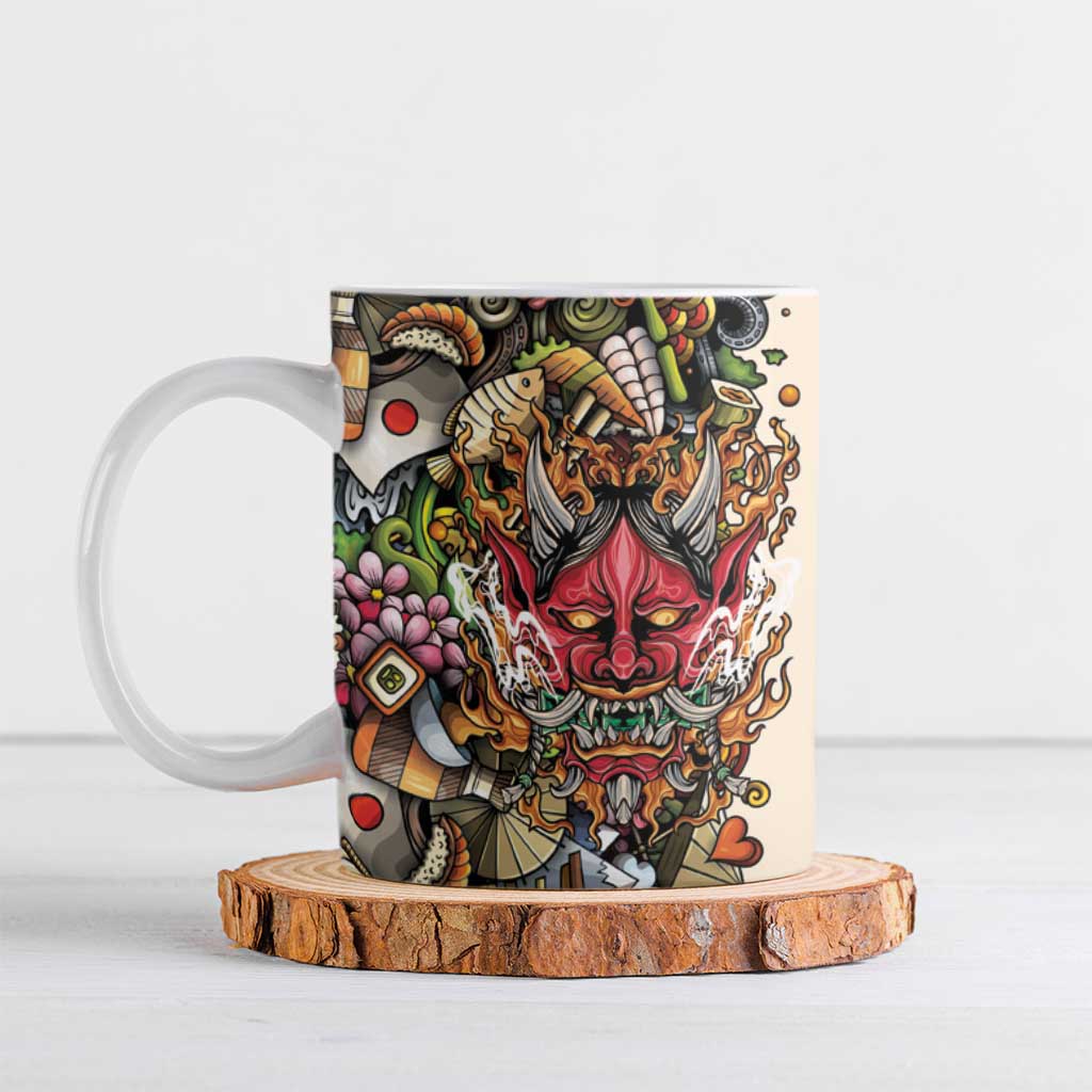 Hawaii And Japan Ceramic Mug Tiki With Oni Mask - Polynesian Pride