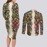 Hawaii And Japan Couples Matching Long Sleeve Bodycon Dress and Long Sleeve Button Shirt Tiki With Oni Mask - Polynesian Pride
