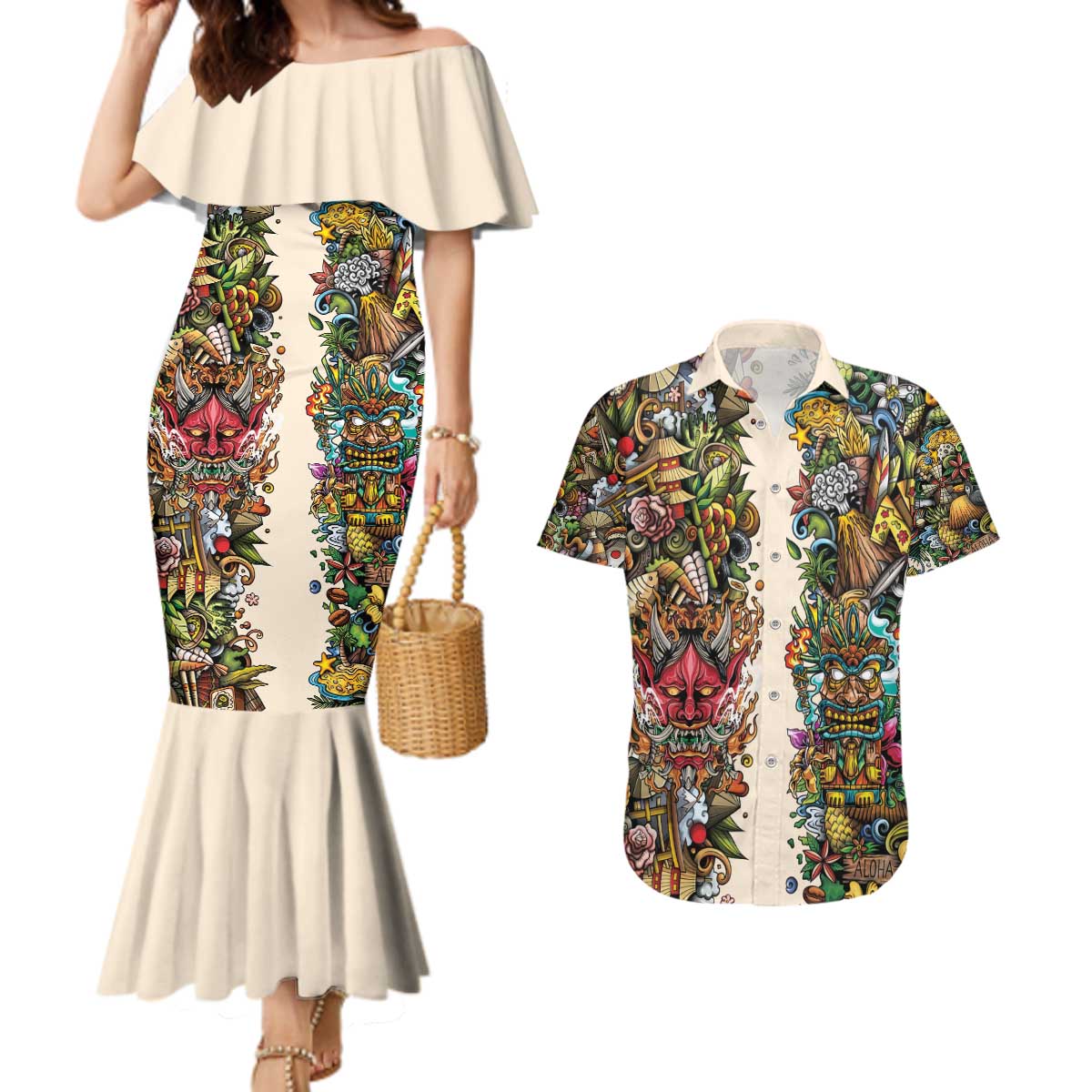 Hawaii And Japan Couples Matching Mermaid Dress and Hawaiian Shirt Tiki With Oni Mask - Polynesian Pride