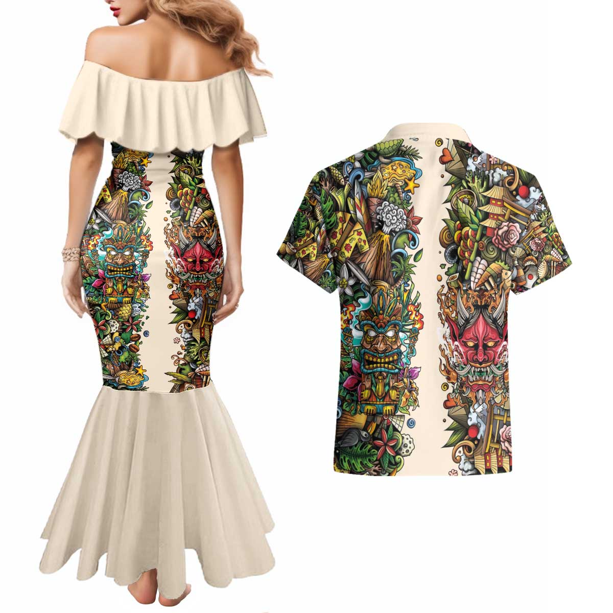 Hawaii And Japan Couples Matching Mermaid Dress and Hawaiian Shirt Tiki With Oni Mask - Polynesian Pride