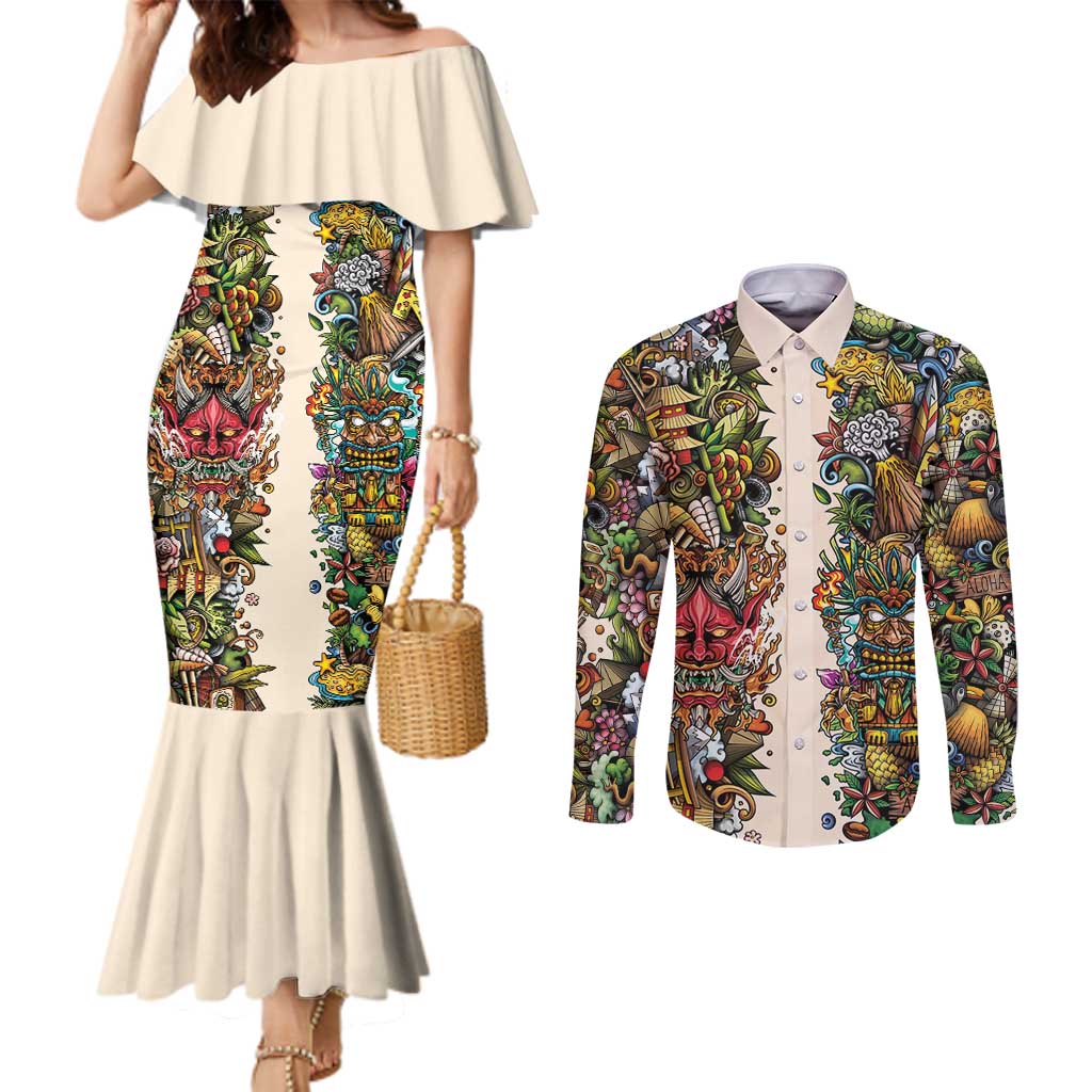 Hawaii And Japan Couples Matching Mermaid Dress and Long Sleeve Button Shirt Tiki With Oni Mask - Polynesian Pride