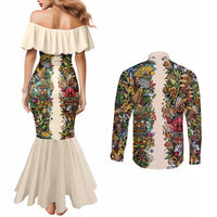 Hawaii And Japan Couples Matching Mermaid Dress and Long Sleeve Button Shirt Tiki With Oni Mask - Polynesian Pride