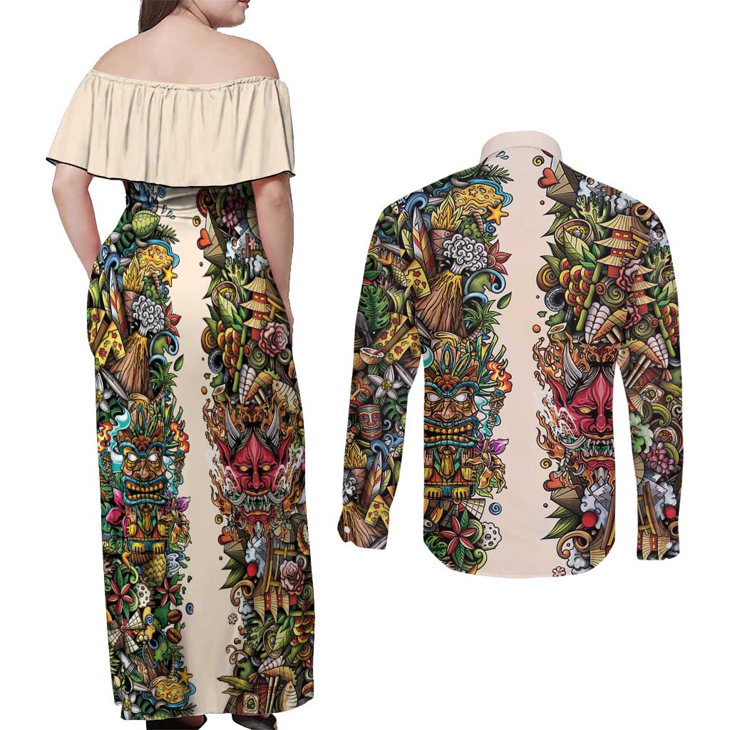 Hawaii And Japan Couples Matching Off Shoulder Maxi Dress and Long Sleeve Button Shirt Tiki With Oni Mask - Polynesian Pride