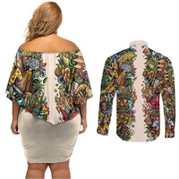 Hawaii And Japan Couples Matching Off Shoulder Short Dress and Long Sleeve Button Shirt Tiki With Oni Mask - Polynesian Pride