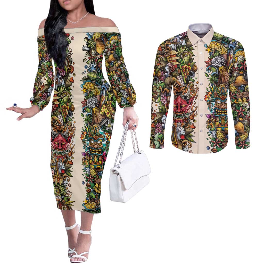 Hawaii And Japan Couples Matching Off The Shoulder Long Sleeve Dress and Long Sleeve Button Shirt Tiki With Oni Mask - Polynesian Pride