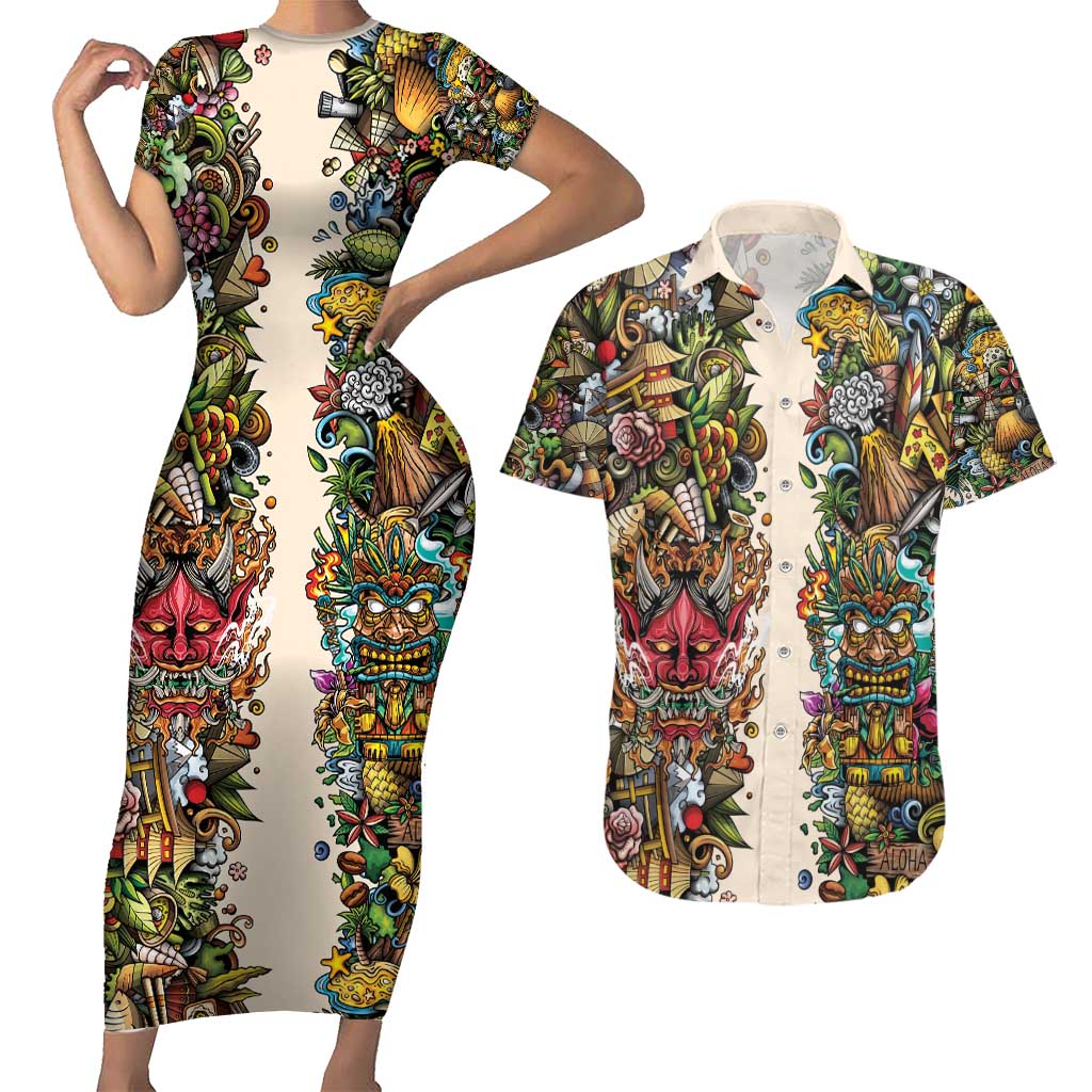 Hawaii And Japan Couples Matching Short Sleeve Bodycon Dress and Hawaiian Shirt Tiki With Oni Mask - Polynesian Pride