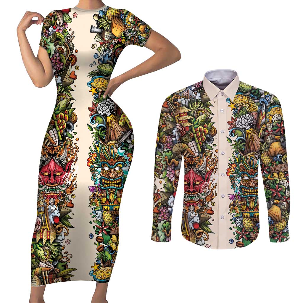 Hawaii And Japan Couples Matching Short Sleeve Bodycon Dress and Long Sleeve Button Shirt Tiki With Oni Mask - Polynesian Pride