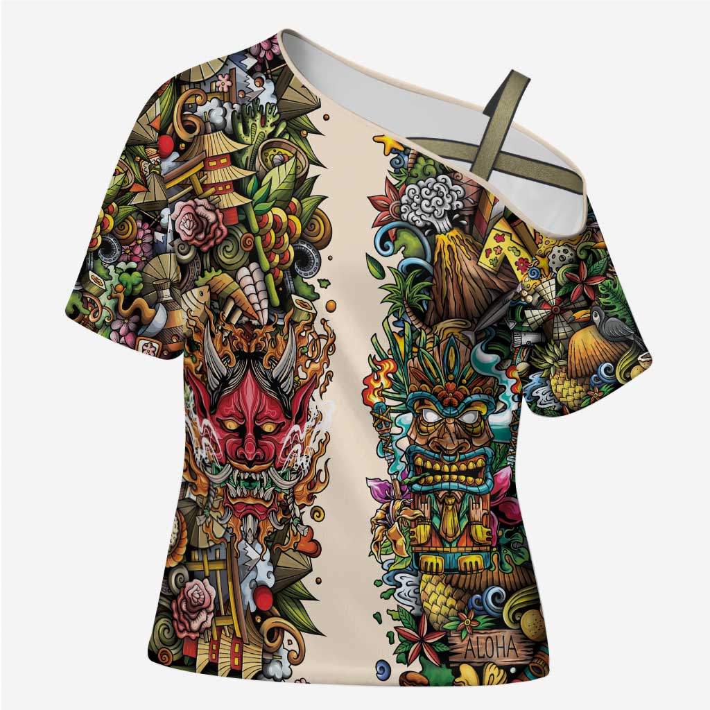 Hawaii And Japan Cross Shoulder Shirt Tiki With Oni Mask - Polynesian Pride