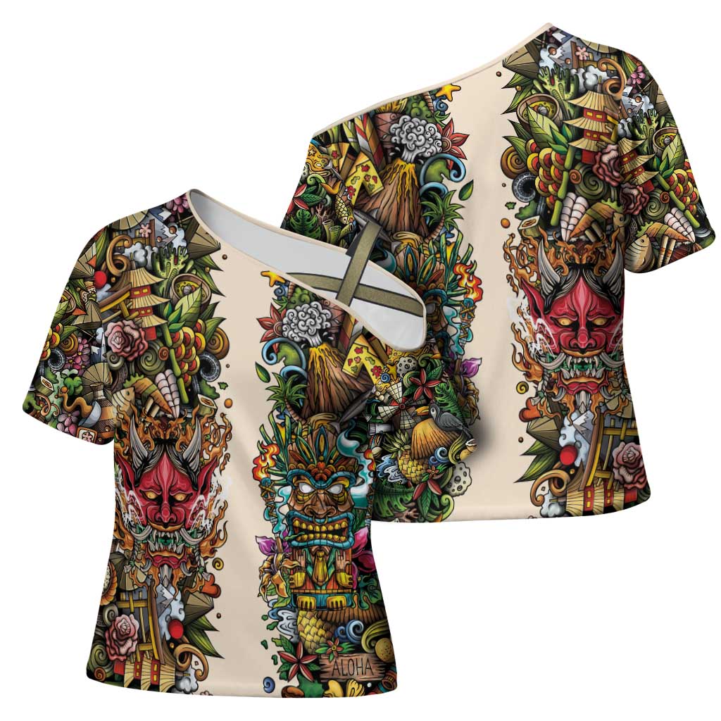 Hawaii And Japan Cross Shoulder Shirt Tiki With Oni Mask - Polynesian Pride