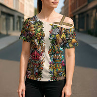 Hawaii And Japan Cross Shoulder Shirt Tiki With Oni Mask - Polynesian Pride