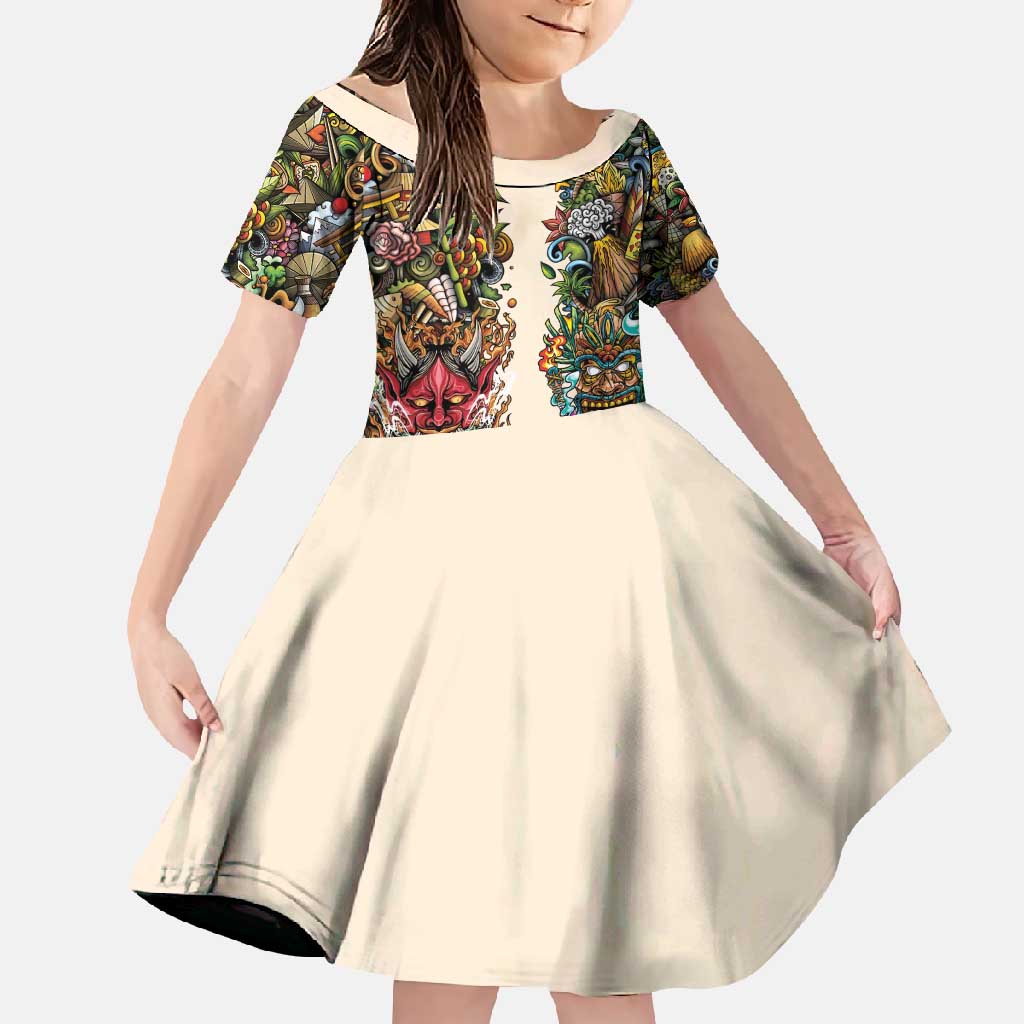 Hawaii And Japan Family Matching Long Sleeve Bodycon Dress and Hawaiian Shirt Tiki With Oni Mask - Polynesian Pride