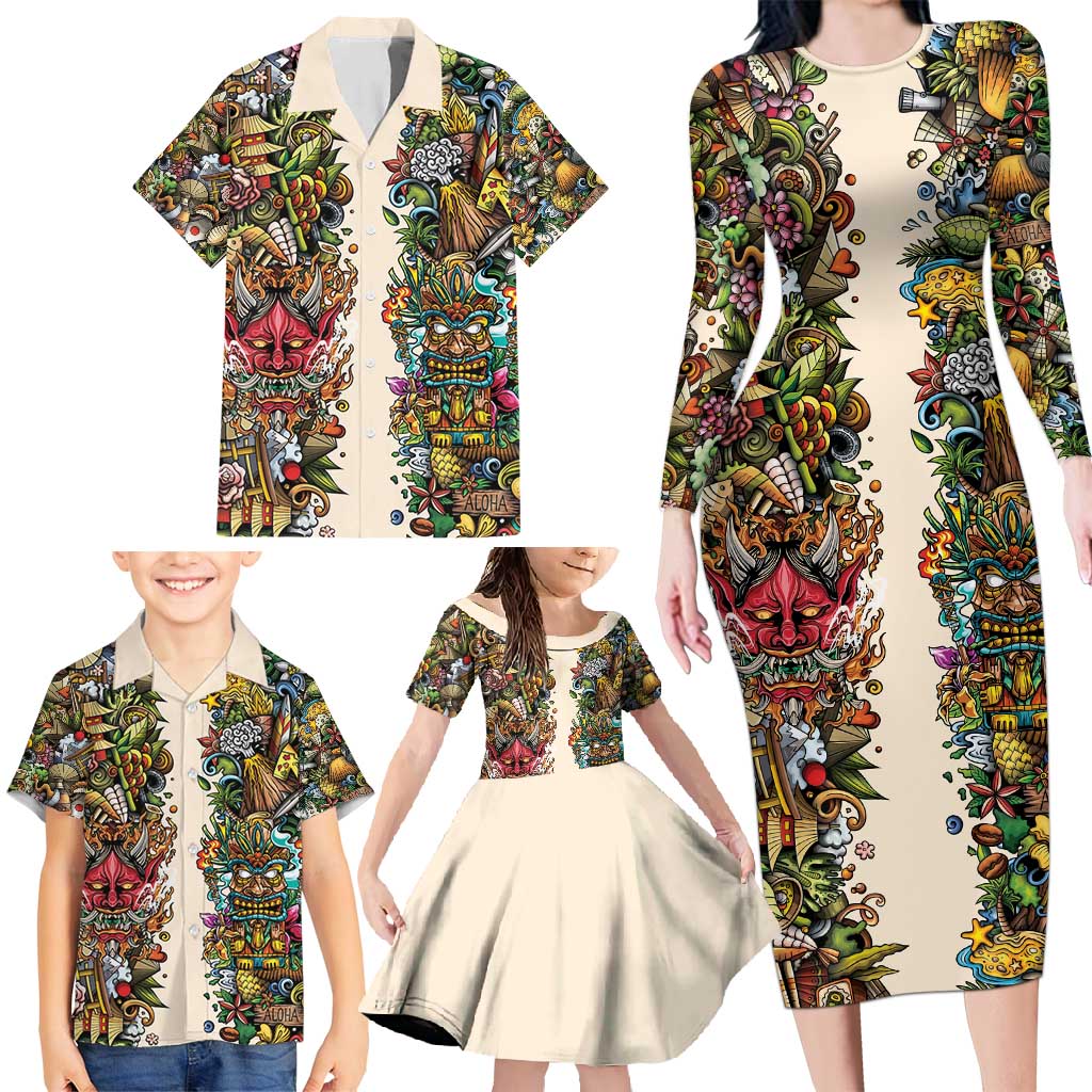 Hawaii And Japan Family Matching Long Sleeve Bodycon Dress and Hawaiian Shirt Tiki With Oni Mask - Polynesian Pride