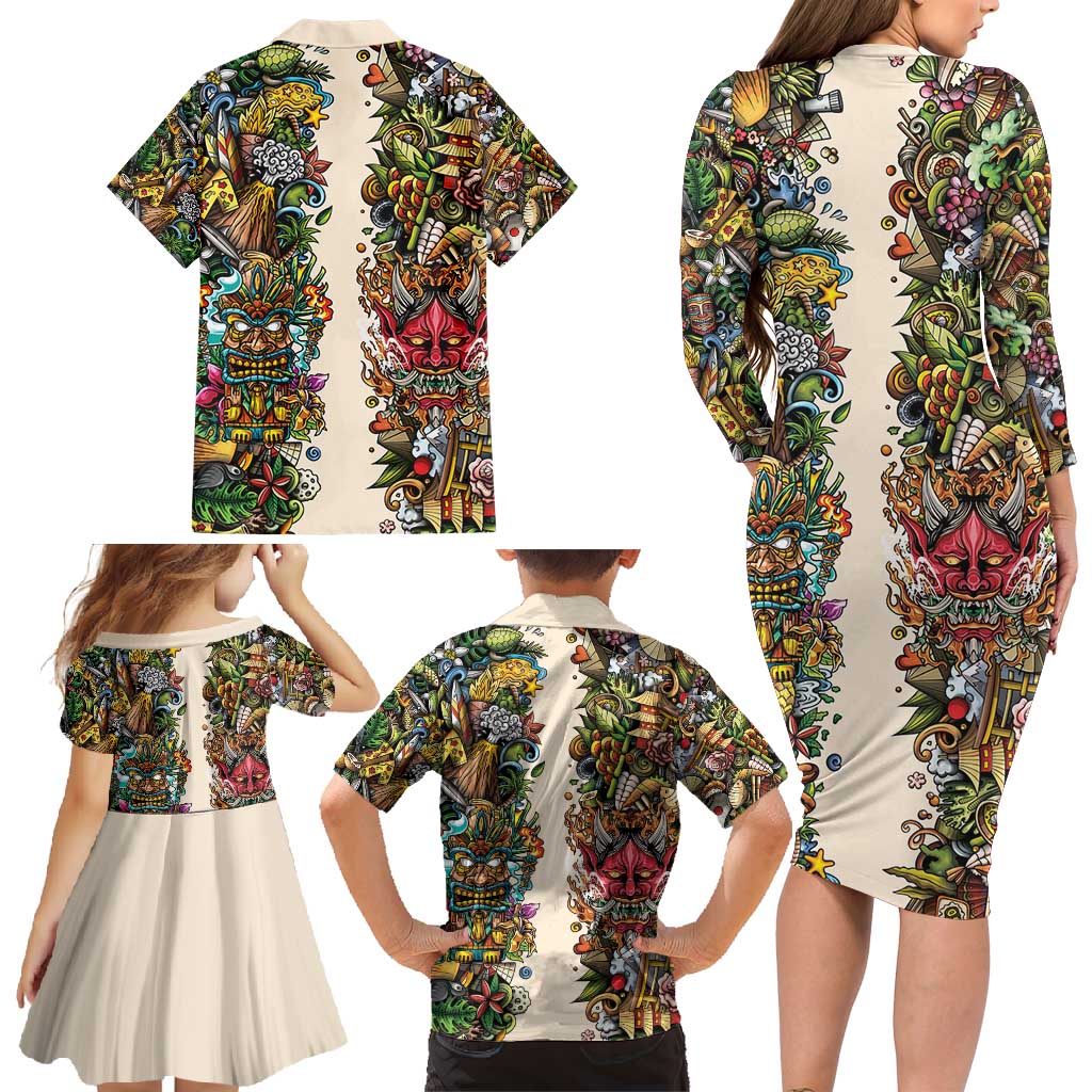 Hawaii And Japan Family Matching Long Sleeve Bodycon Dress and Hawaiian Shirt Tiki With Oni Mask - Polynesian Pride