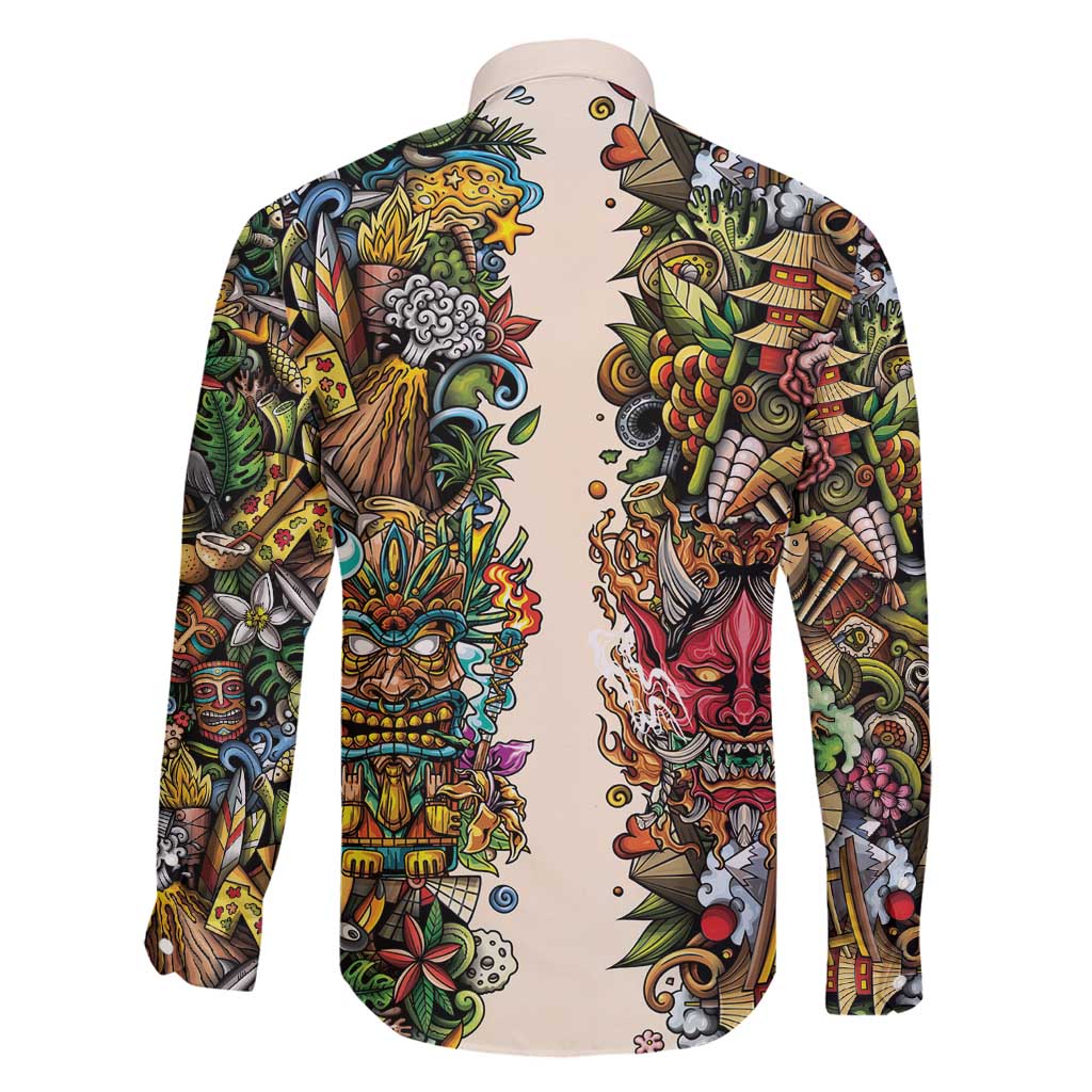 Hawaii And Japan Family Matching Long Sleeve Bodycon Dress and Hawaiian Shirt Tiki With Oni Mask - Polynesian Pride