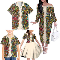 Hawaii And Japan Family Matching Off The Shoulder Long Sleeve Dress and Hawaiian Shirt Tiki With Oni Mask - Polynesian Pride