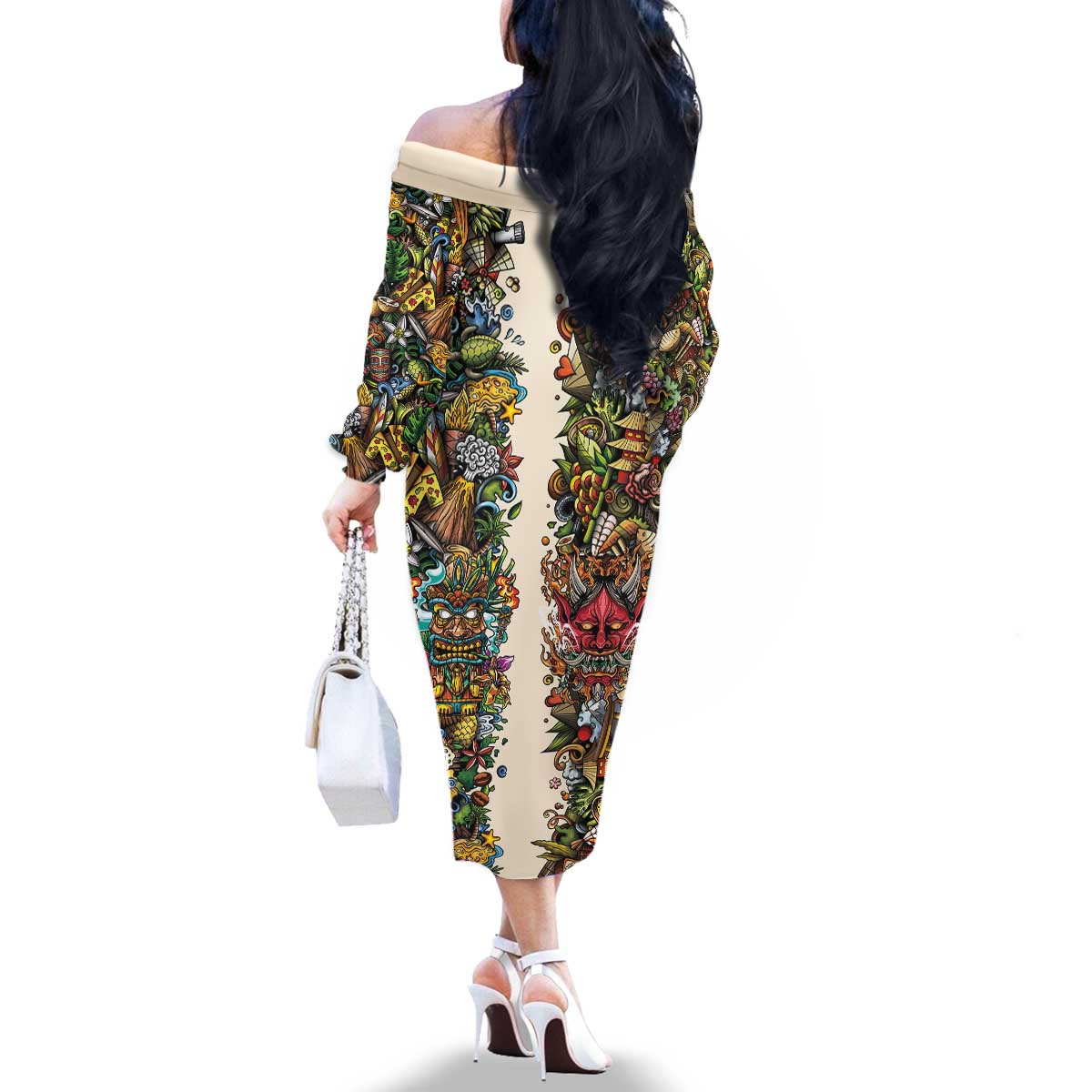 Hawaii And Japan Family Matching Off The Shoulder Long Sleeve Dress and Hawaiian Shirt Tiki With Oni Mask - Polynesian Pride