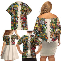 Hawaii And Japan Family Matching Off Shoulder Short Dress and Hawaiian Shirt Tiki With Oni Mask - Polynesian Pride