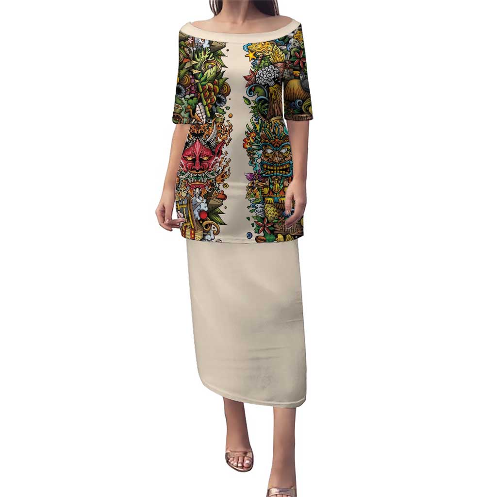 Hawaii And Japan Family Matching Puletasi and Hawaiian Shirt Tiki With Oni Mask LT05 Mom's Dress Colorful - Polynesian Pride