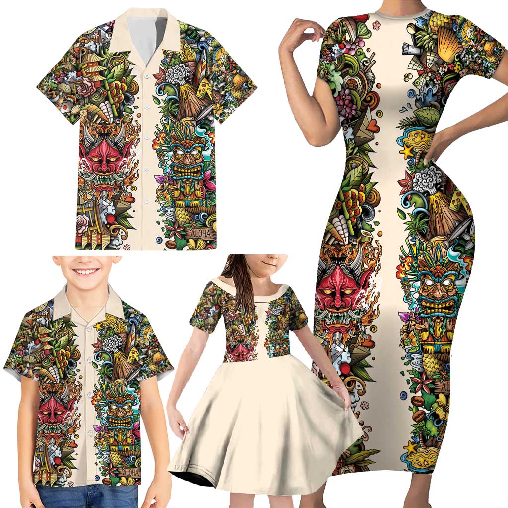 Hawaii And Japan Family Matching Short Sleeve Bodycon Dress and Hawaiian Shirt Tiki With Oni Mask - Polynesian Pride