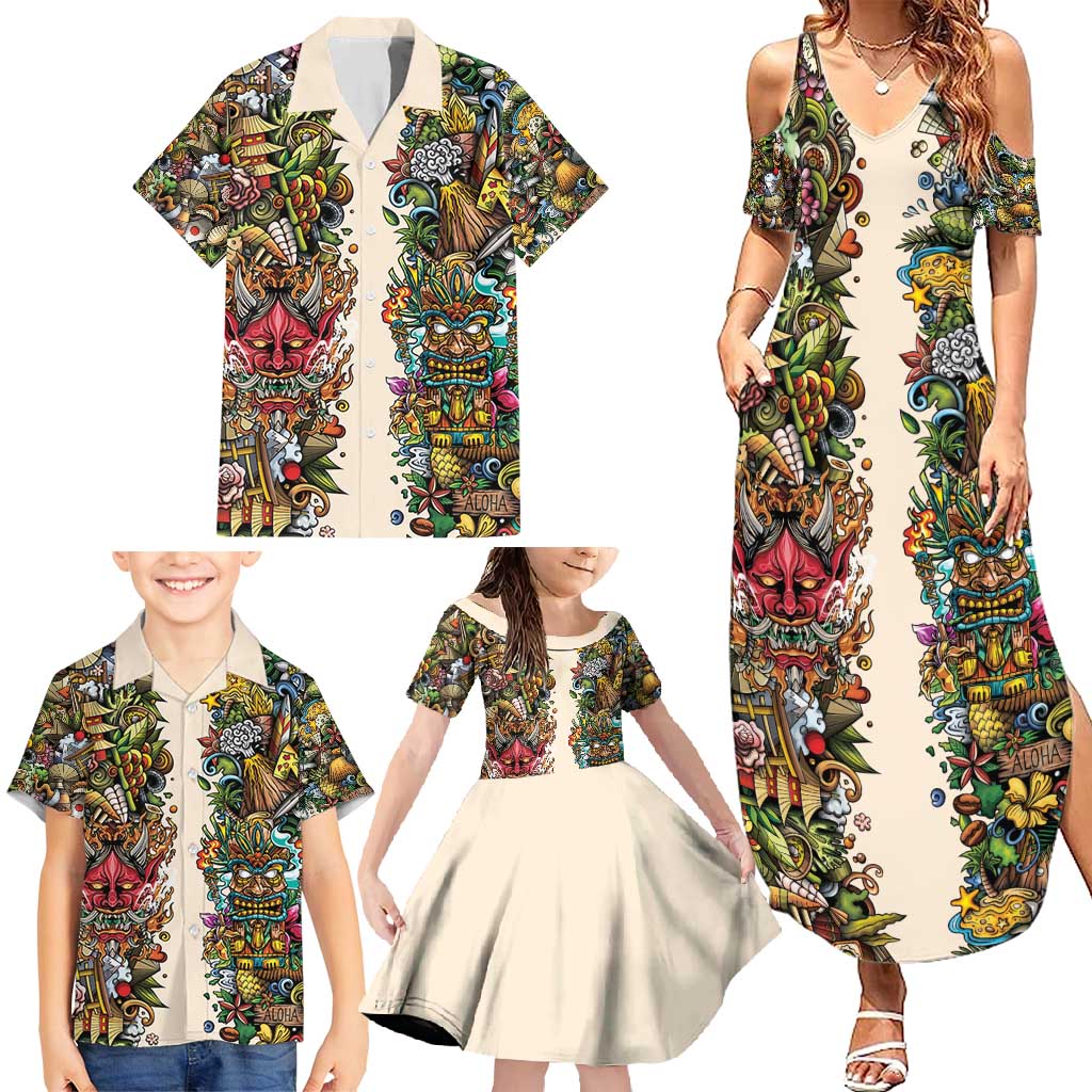 Hawaii And Japan Family Matching Summer Maxi Dress and Hawaiian Shirt Tiki With Oni Mask - Polynesian Pride