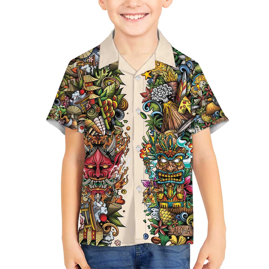 Hawaii And Japan Family Matching Summer Maxi Dress and Hawaiian Shirt Tiki With Oni Mask - Polynesian Pride