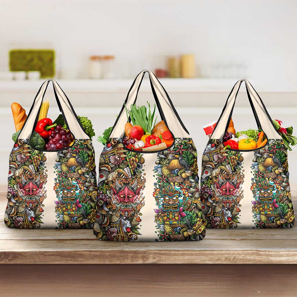 Hawaii And Japan Grocery Bag Tiki With Oni Mask - Polynesian Pride