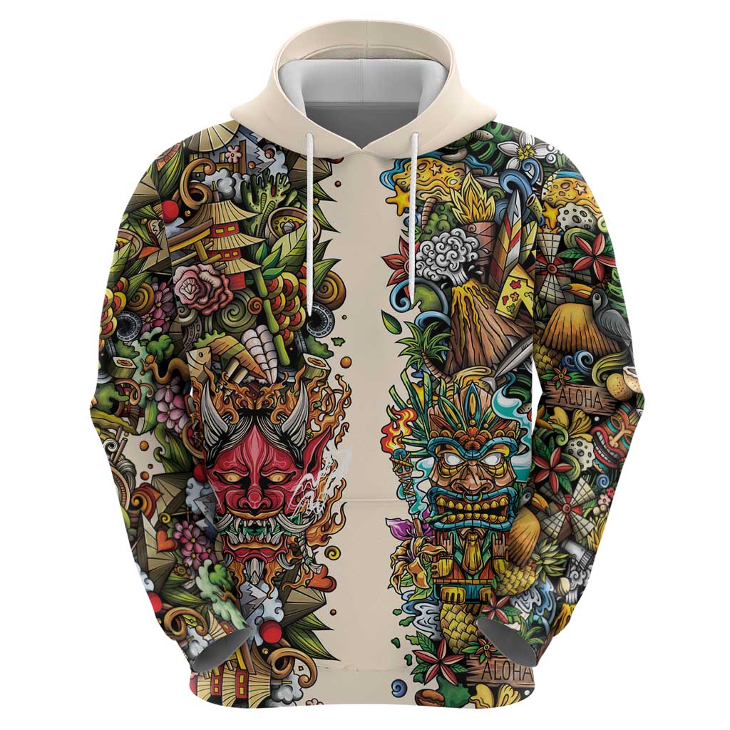 Hawaii And Japan Hoodie Tiki With Oni Mask - Polynesian Pride