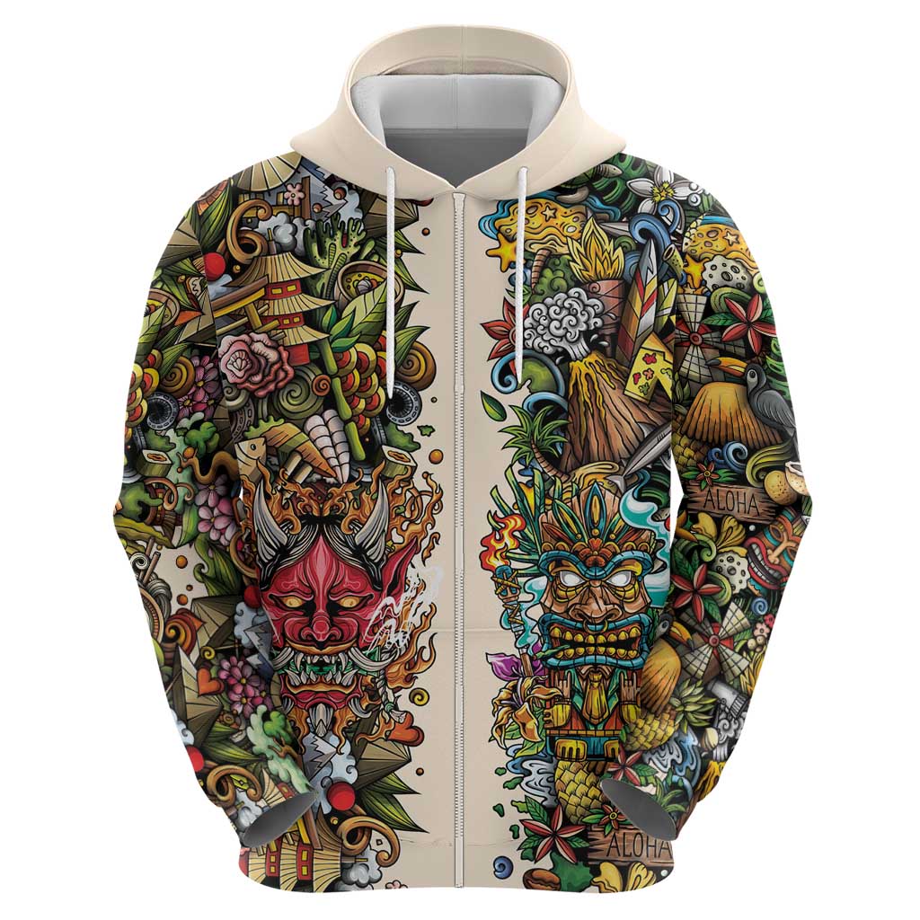 Hawaii And Japan Hoodie Tiki With Oni Mask - Polynesian Pride