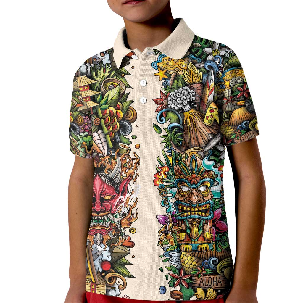 Hawaii And Japan Kid Polo Shirt Tiki With Oni Mask - Polynesian Pride