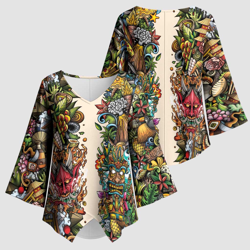 Hawaii And Japan Kimono Sleeve Blouse Tiki With Oni Mask - Polynesian Pride