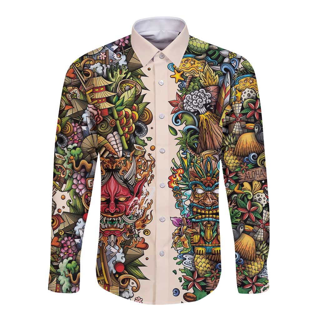 Hawaii And Japan Long Sleeve Button Shirt Tiki With Oni Mask - Polynesian Pride