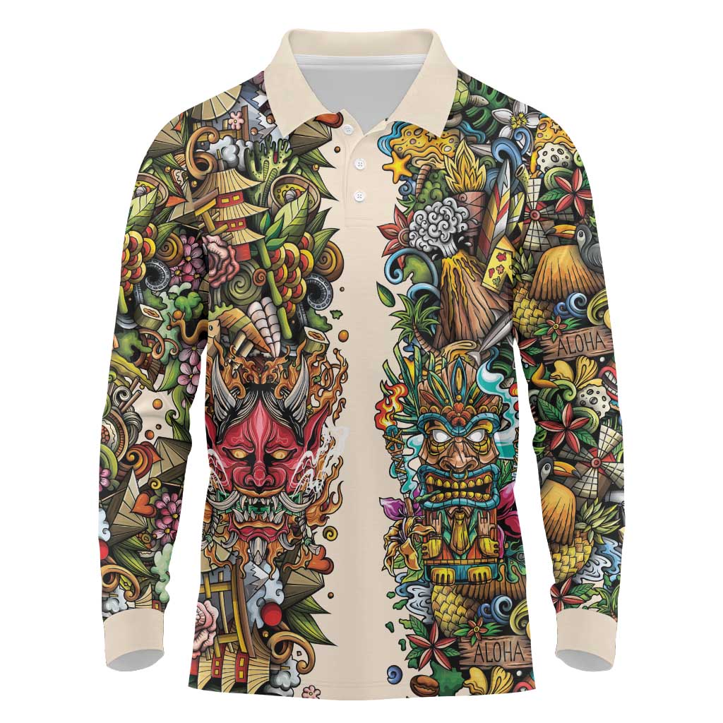 Hawaii And Japan Long Sleeve Polo Shirt Tiki With Oni Mask - Polynesian Pride