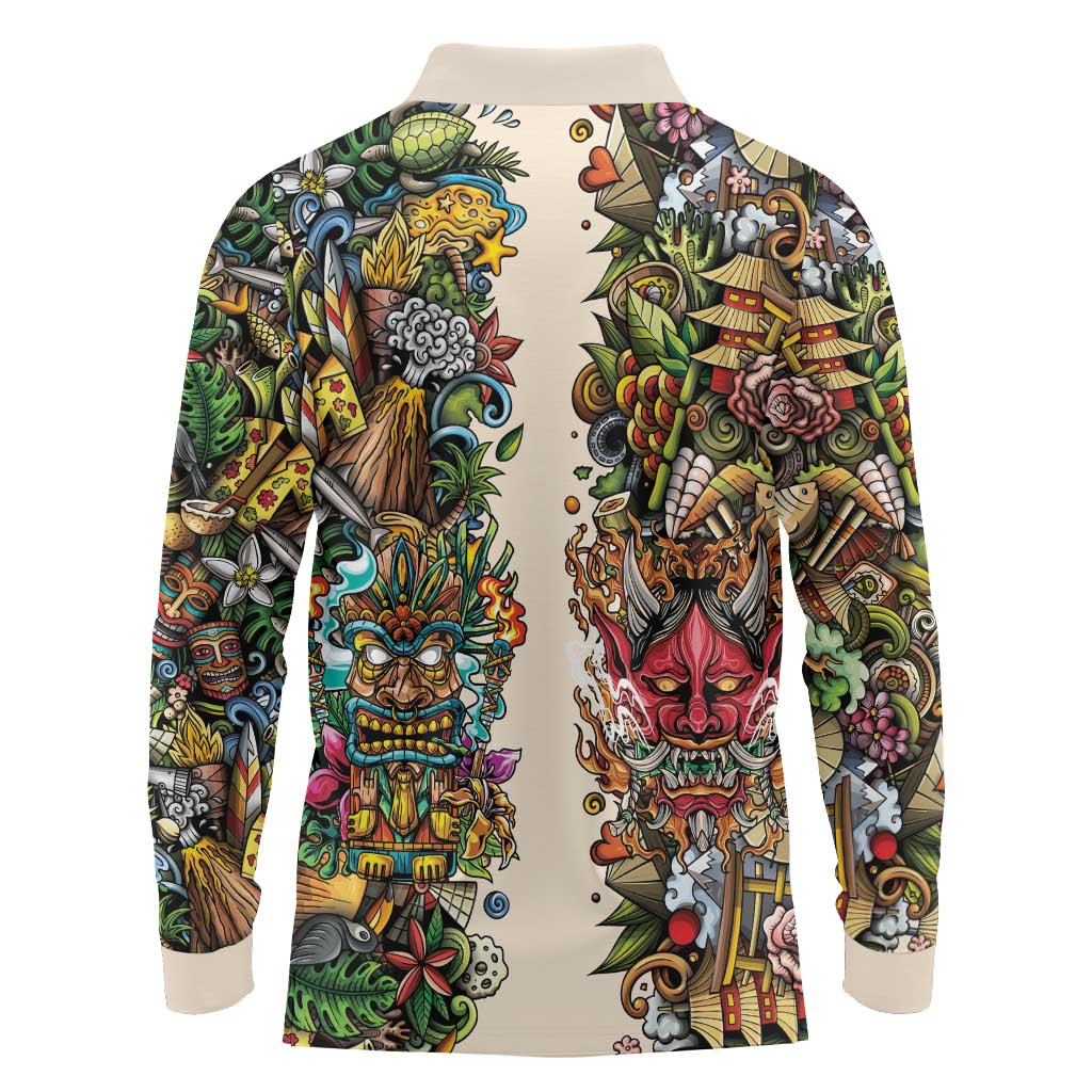 Hawaii And Japan Long Sleeve Polo Shirt Tiki With Oni Mask - Polynesian Pride