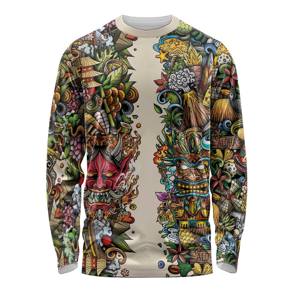 Hawaii And Japan Long Sleeve Shirt Tiki With Oni Mask - Polynesian Pride