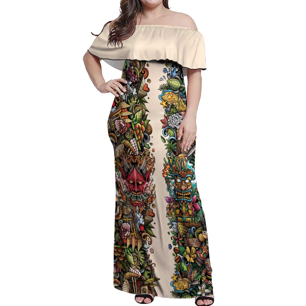Hawaii And Japan Off Shoulder Maxi Dress Tiki With Oni Mask - Polynesian Pride