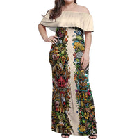 Hawaii And Japan Off Shoulder Maxi Dress Tiki With Oni Mask - Polynesian Pride
