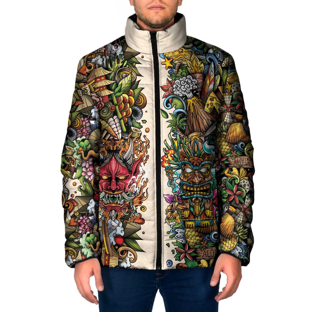 Hawaii And Japan Padded Jacket Tiki With Oni Mask - Polynesian Pride