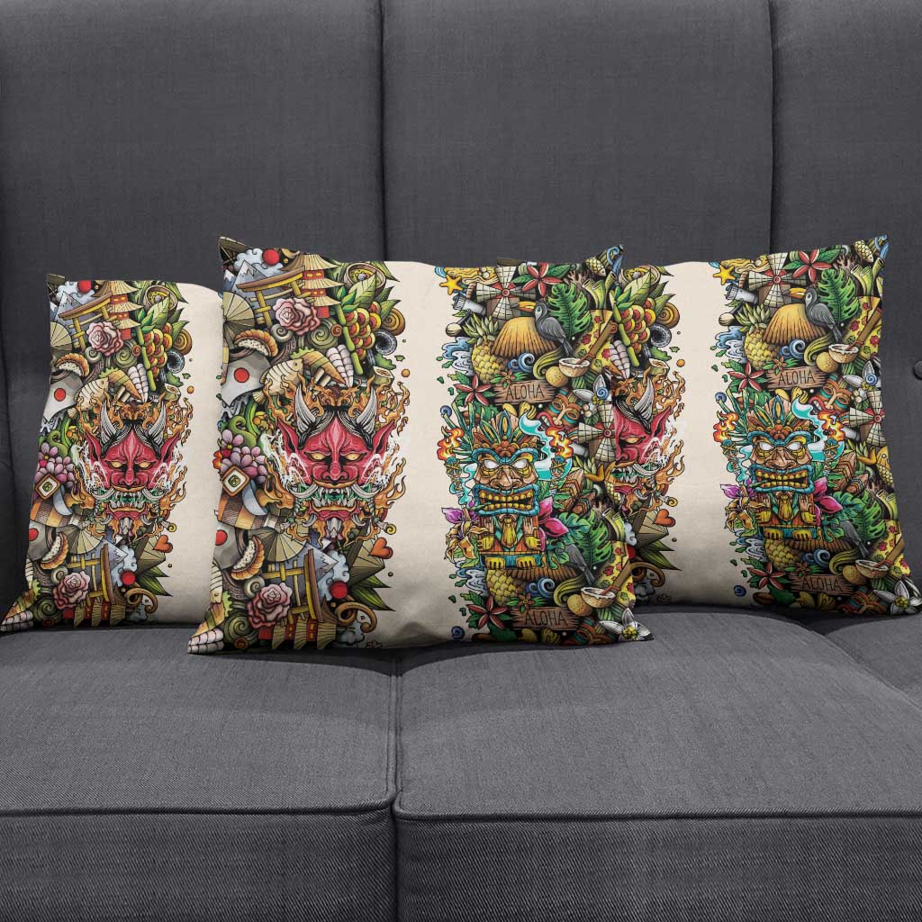 Hawaii And Japan Pillow Cover Tiki With Oni Mask - Polynesian Pride