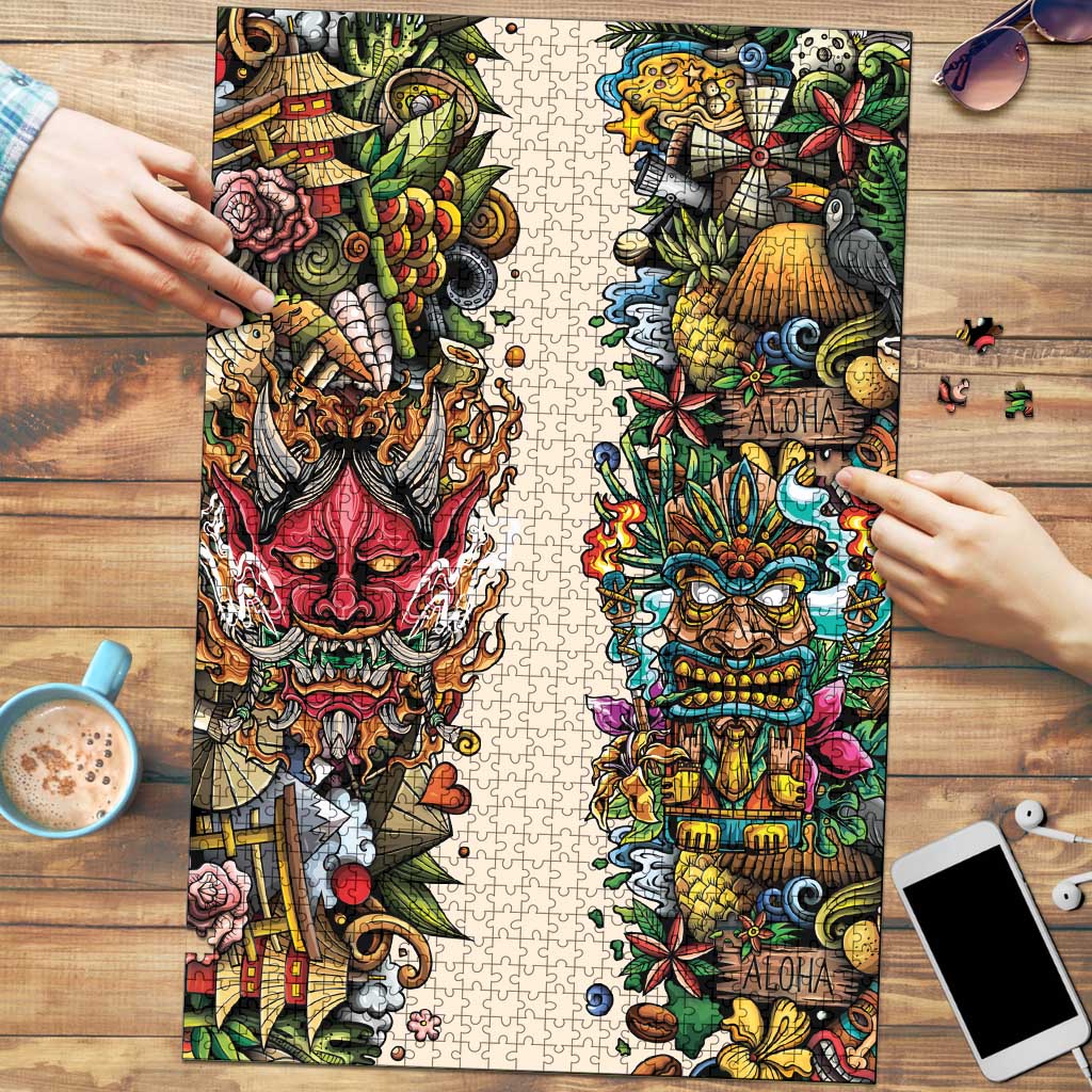 Hawaii And Japan Puzzle Tiki With Oni Mask - Polynesian Pride
