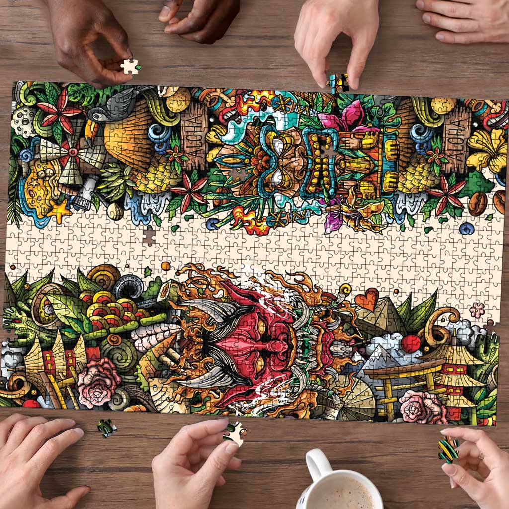 Hawaii And Japan Puzzle Tiki With Oni Mask - Polynesian Pride