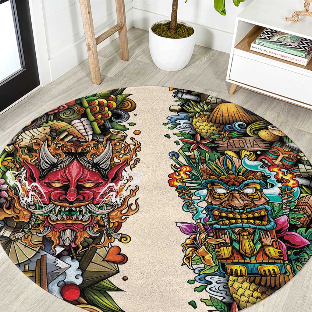Hawaii And Japan Round Carpet Tiki With Oni Mask - Polynesian Pride