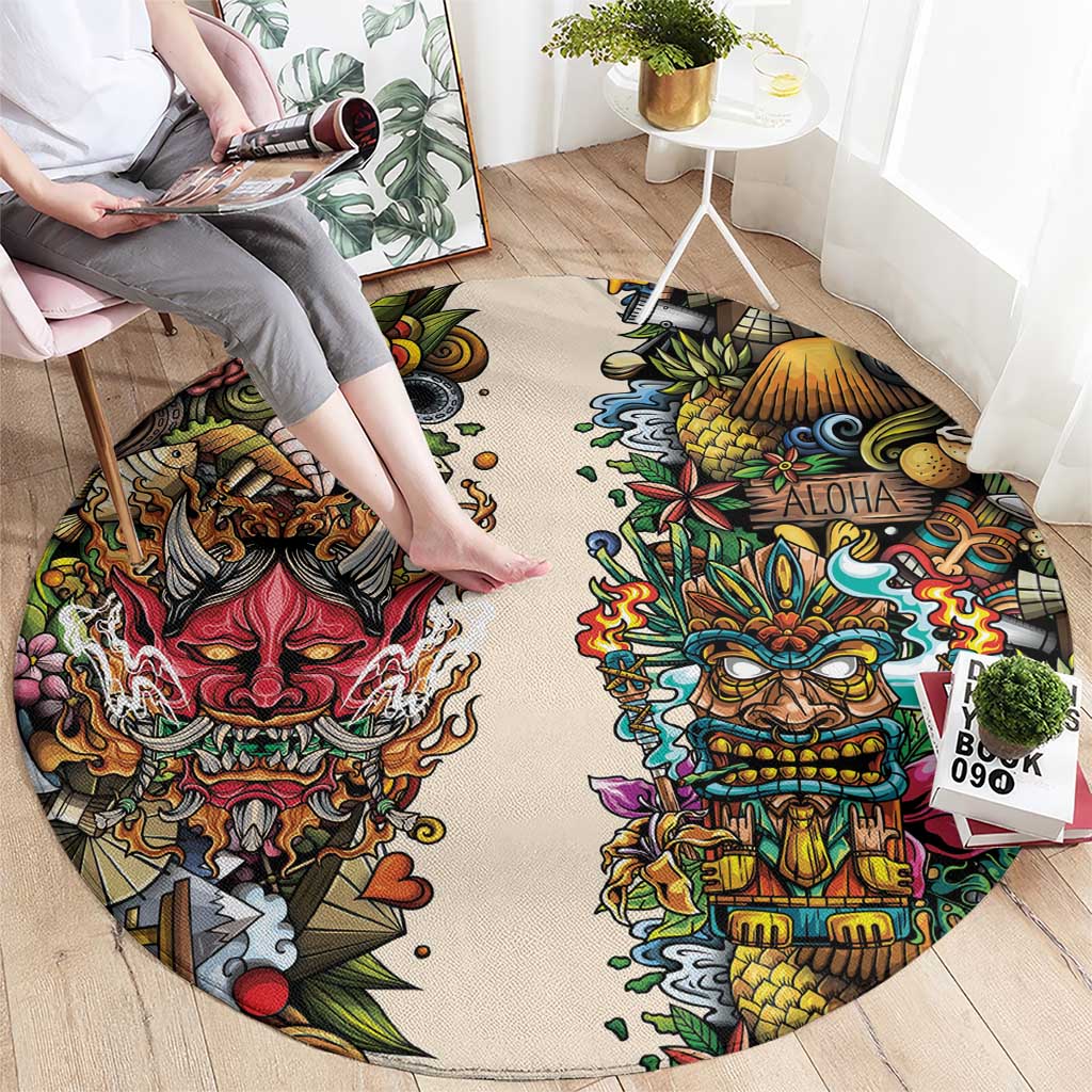Hawaii And Japan Round Carpet Tiki With Oni Mask - Polynesian Pride